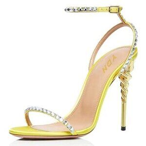 YDN Women Fashion Rhinestones Crystals Sandals Open Toe Metal High Heels
